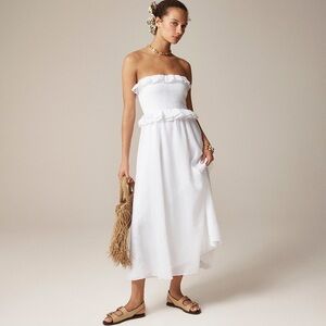 NWT J.Crew Smocked Ramie Ruffle Ravenna Midi Dress White Size XS